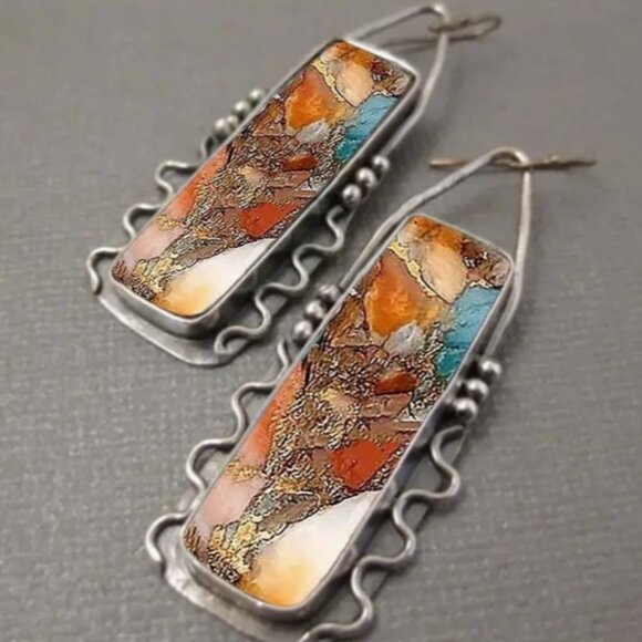 Retro Boho Style Geometric Dangle Earrings - Brn-Org-Turq - Picture 6 of 6